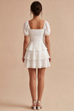Short Sleeves White Short A Line Graduation Dress with Ruffles