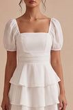 Short Sleeves White Short A Line Graduation Dress with Ruffles
