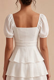 Short Sleeves White Short A Line Graduation Dress with Ruffles