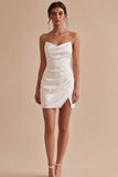 Tight Short Strapless Ruched White Graduation Dress with Slit