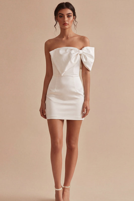 Tight Short Strapless White Graduation Dress with Bow