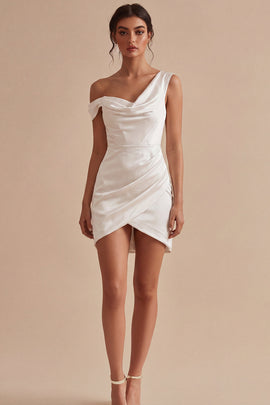 Tight Short One Shoulder Ruched White Graduation Dress