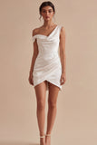 Tight Short One Shoulder Ruched White Graduation Dress