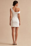 Tight Short One Shoulder Ruched White Graduation Dress