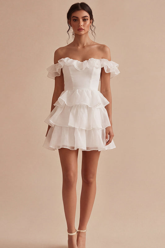 Off the Shoulder White Short A Line Graduation Dress with Ruffles