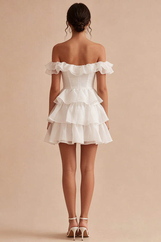 Off the Shoulder White Short A Line Graduation Dress with Ruffles