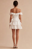 Off the Shoulder White Short A Line Graduation Dress with Ruffles