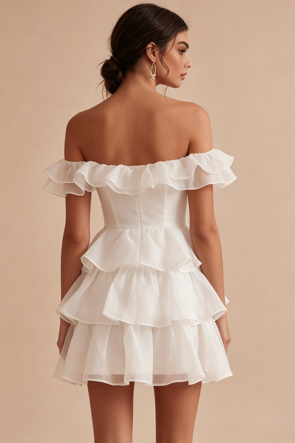 Off the Shoulder White Short A Line Graduation Dress with Ruffles