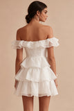 Off the Shoulder White Short A Line Graduation Dress with Ruffles