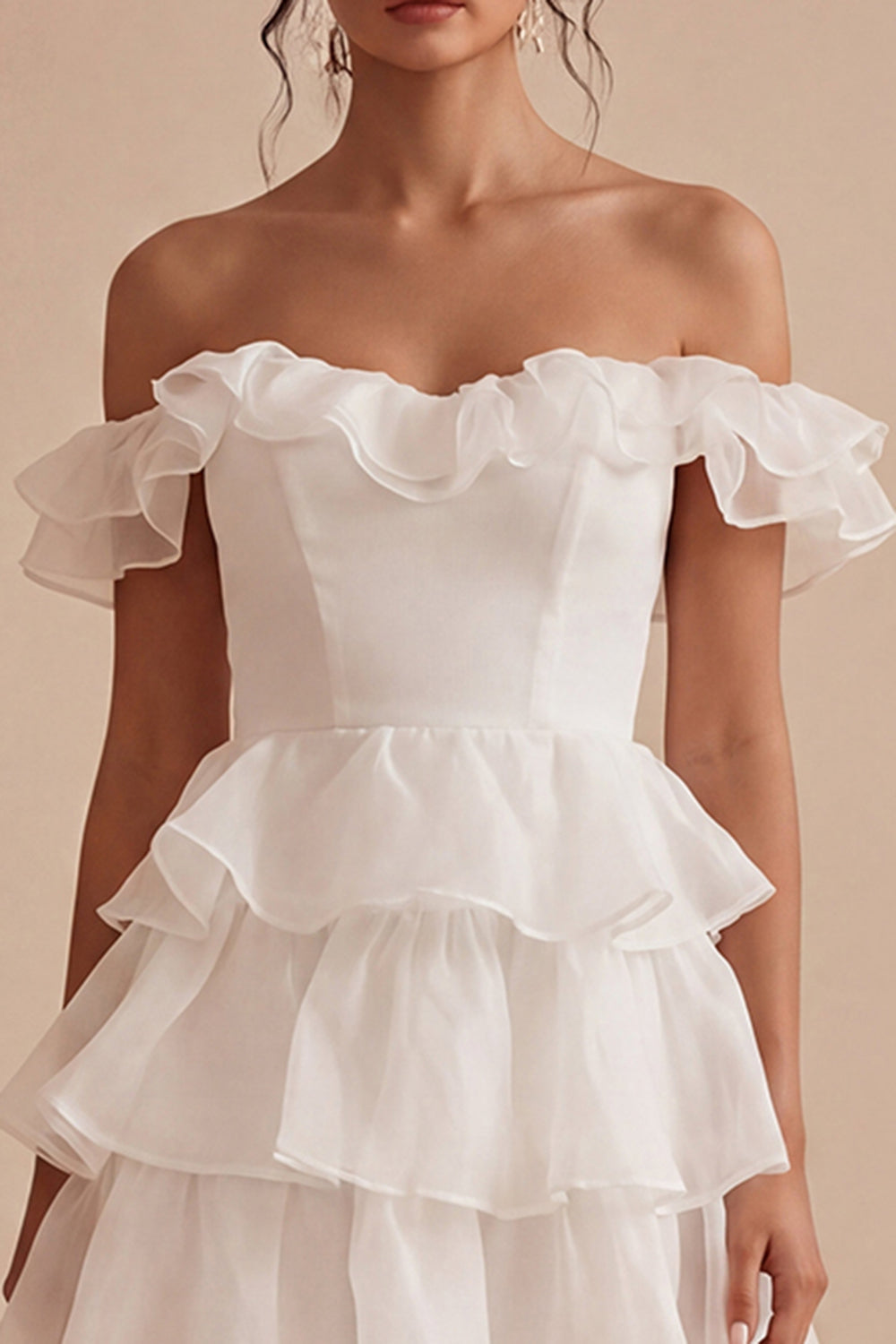 Off the Shoulder White Short A Line Graduation Dress with Ruffles