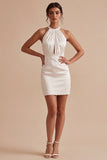 Keyhole Halter Ruched Tight Short White Graduation Dress