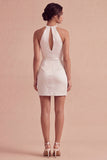 Keyhole Halter Ruched Tight Short White Graduation Dress