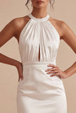 Keyhole Halter Ruched Tight Short White Graduation Dress