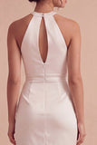 Keyhole Halter Ruched Tight Short White Graduation Dress