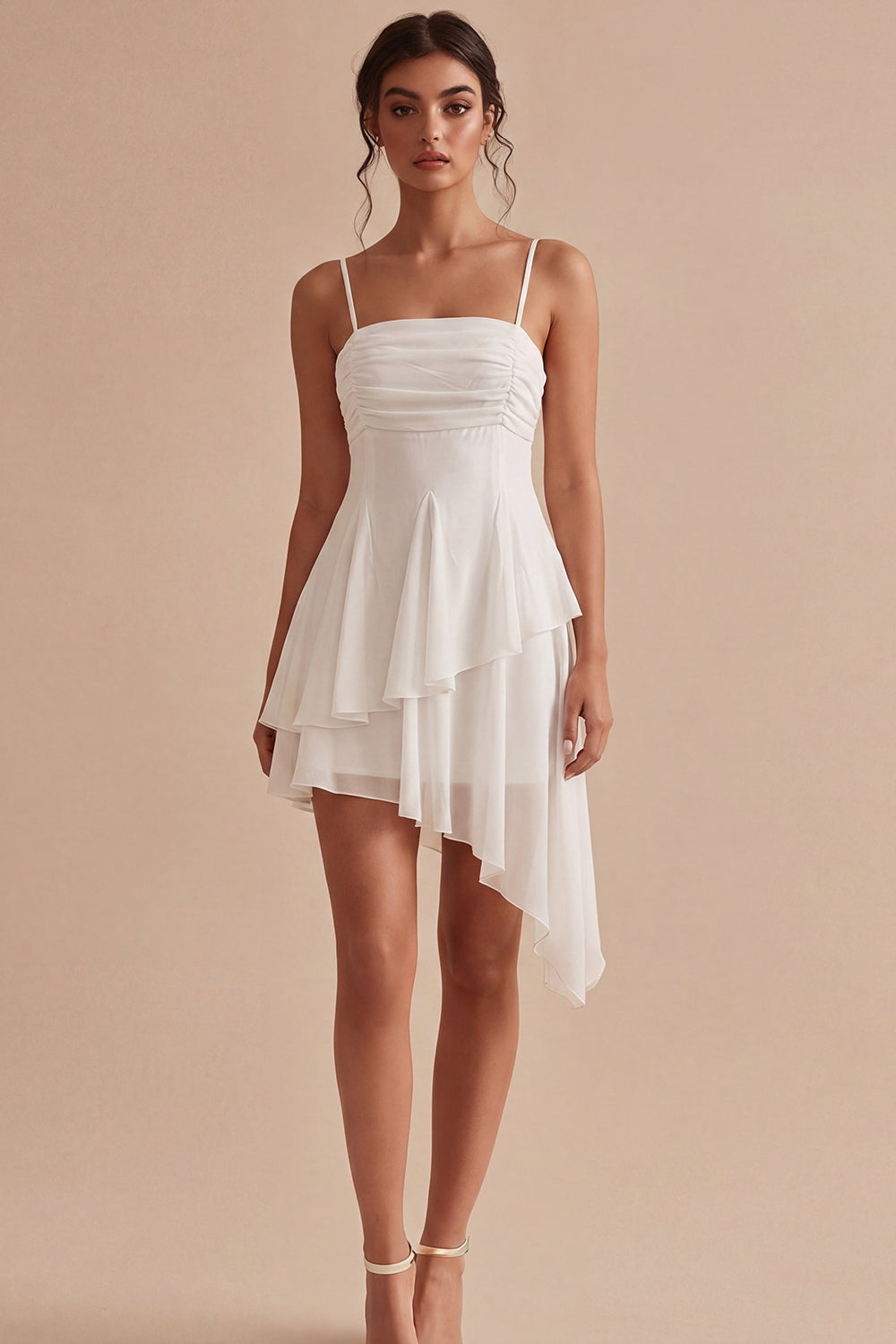 Ruched Spaghetti Straps White Asymmetrical A Line Graduation Dress with Ruffles
