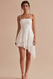 Ruched Spaghetti Straps White Asymmetrical A Line Graduation Dress with Ruffles