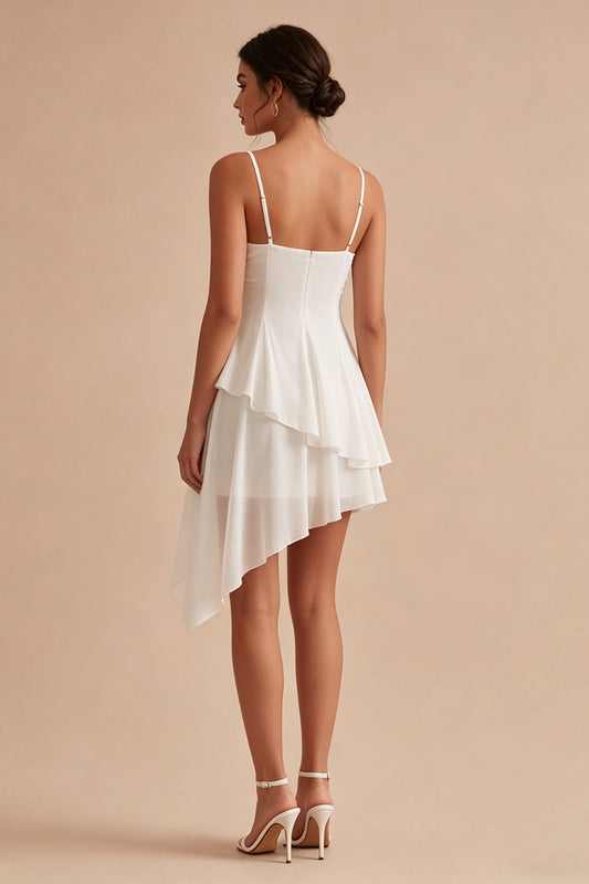 Ruched Spaghetti Straps White Asymmetrical A Line Graduation Dress with Ruffles