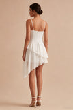 Ruched Spaghetti Straps White Asymmetrical A Line Graduation Dress with Ruffles
