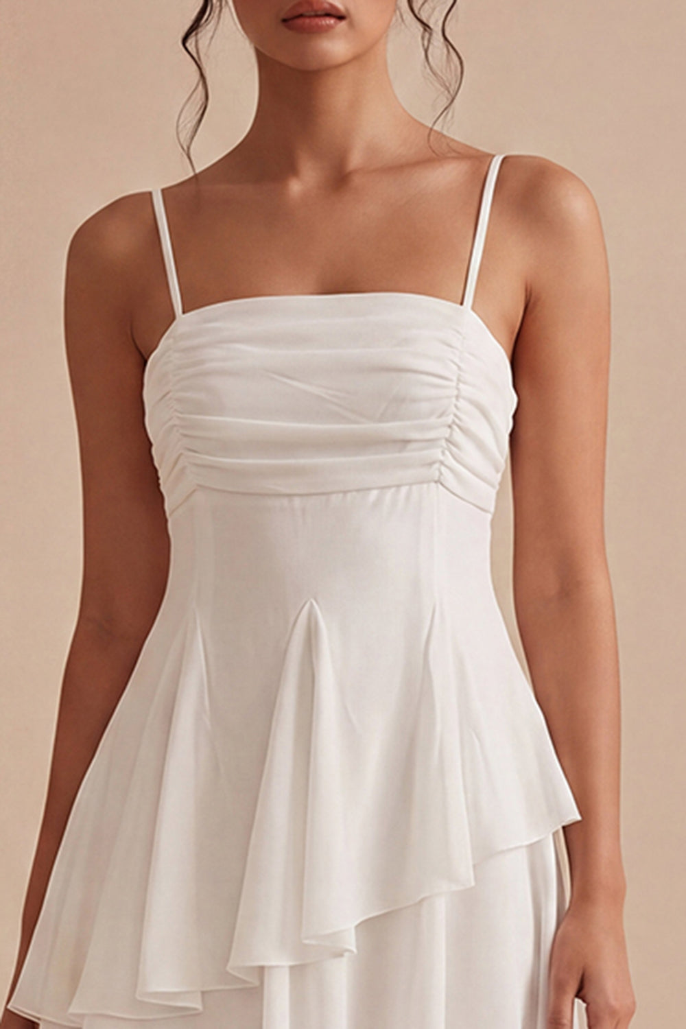 Ruched Spaghetti Straps White Asymmetrical A Line Graduation Dress with Ruffles