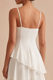 Ruched Spaghetti Straps White Asymmetrical A Line Graduation Dress with Ruffles