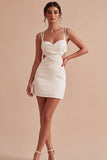 Tight Short Spaghetti Straps Cut Out White Graduation Dress