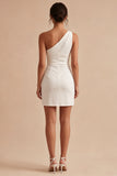 Tight Short One Shoulder Ruched White Graduation Dress with Slit