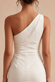 Tight Short One Shoulder Ruched White Graduation Dress with Slit