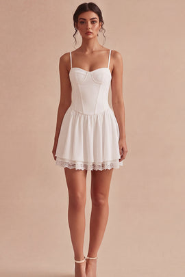 Corset Spaghetti Straps Basque Waist White Short A Line Graduation Dress with Lace
