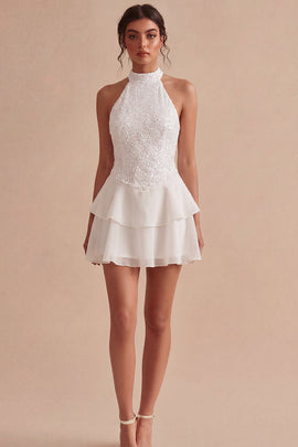Sparkly White High Neck Short Sequin Graduation Dress with Ruffles