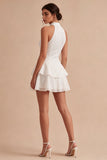 Sparkly White High Neck Short Sequin Graduation Dress with Ruffles