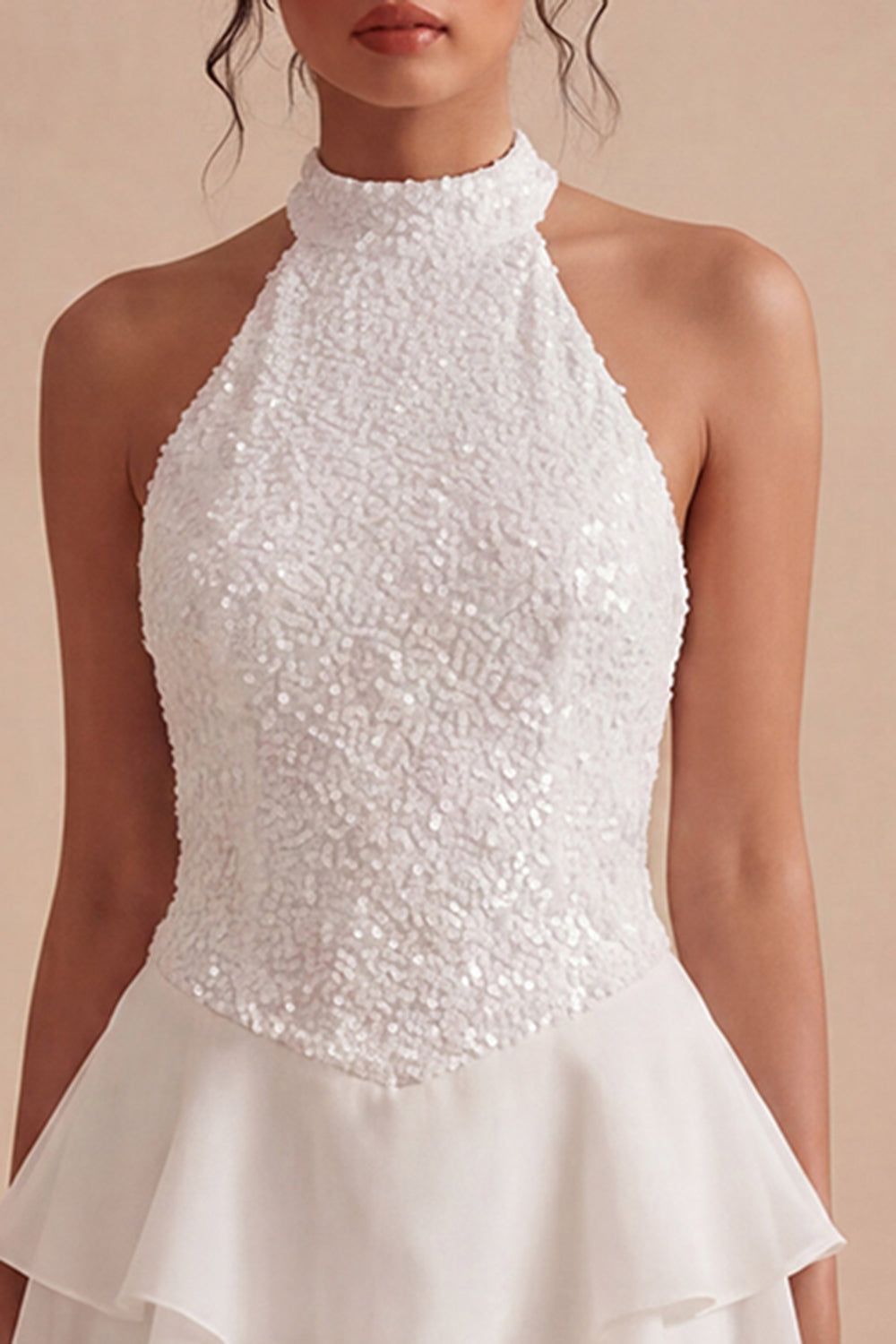 Sparkly White High Neck Short Sequin Graduation Dress with Ruffles