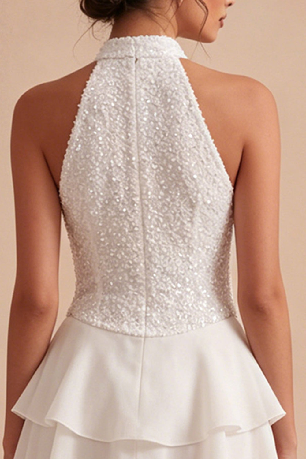 Sparkly White High Neck Short Sequin Graduation Dress with Ruffles
