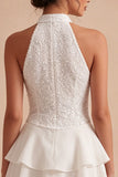 Sparkly White High Neck Short Sequin Graduation Dress with Ruffles