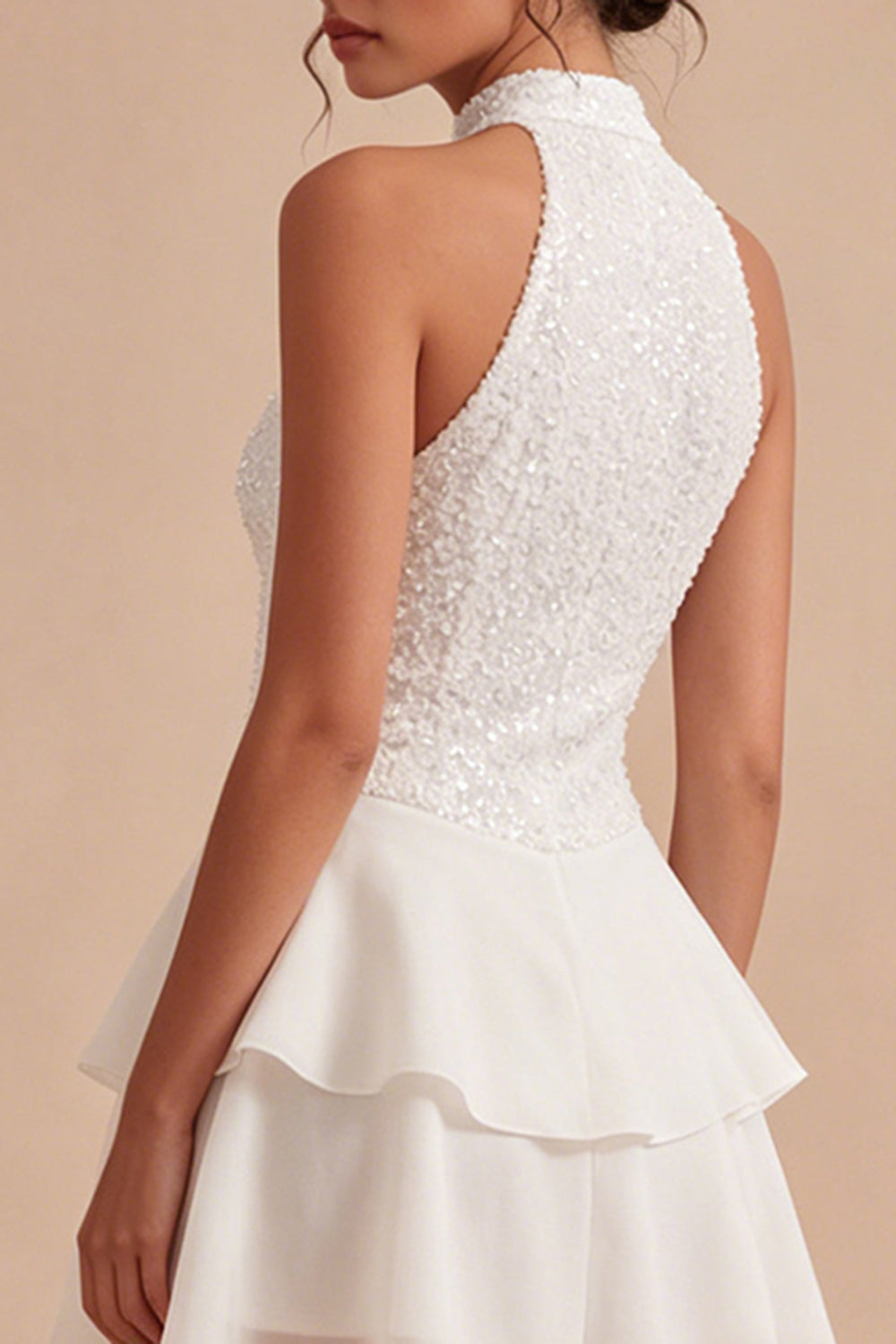 Sparkly White High Neck Short Sequin Graduation Dress with Ruffles