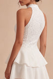 Sparkly White High Neck Short Sequin Graduation Dress with Ruffles