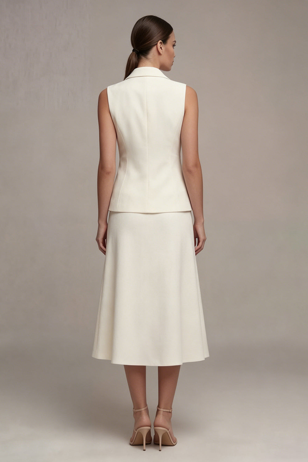 Notched Lapel Ivory 2 Piece Single Breasted Midi Business Suits