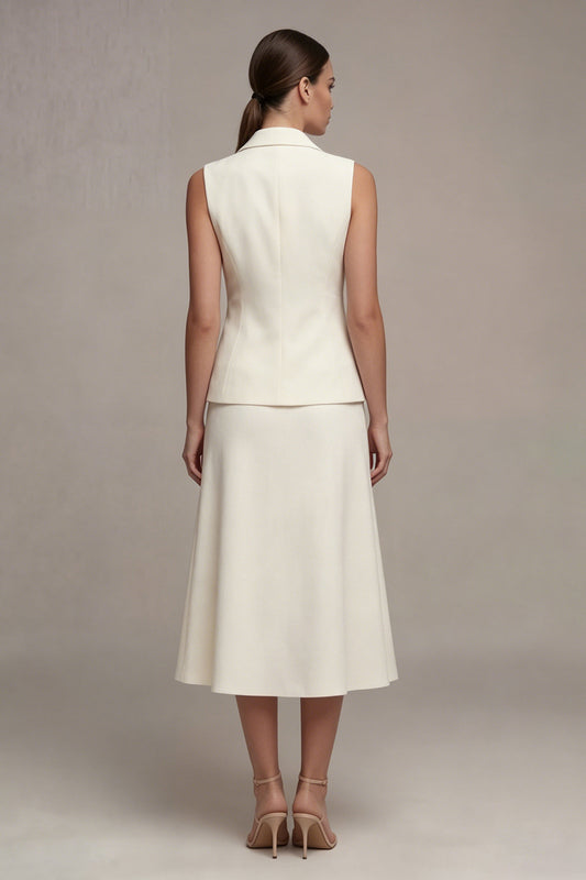Notched Lapel Ivory 2 Piece Single Breasted Midi Business Suits
