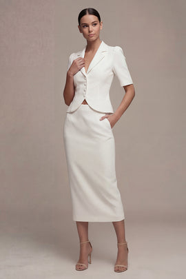 Single Breasted 2 Piece Notched Lapel White Midi Business Suits with Pockets