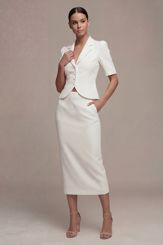 Single Breasted 2 Piece Notched Lapel White Midi Business Suits with Pockets
