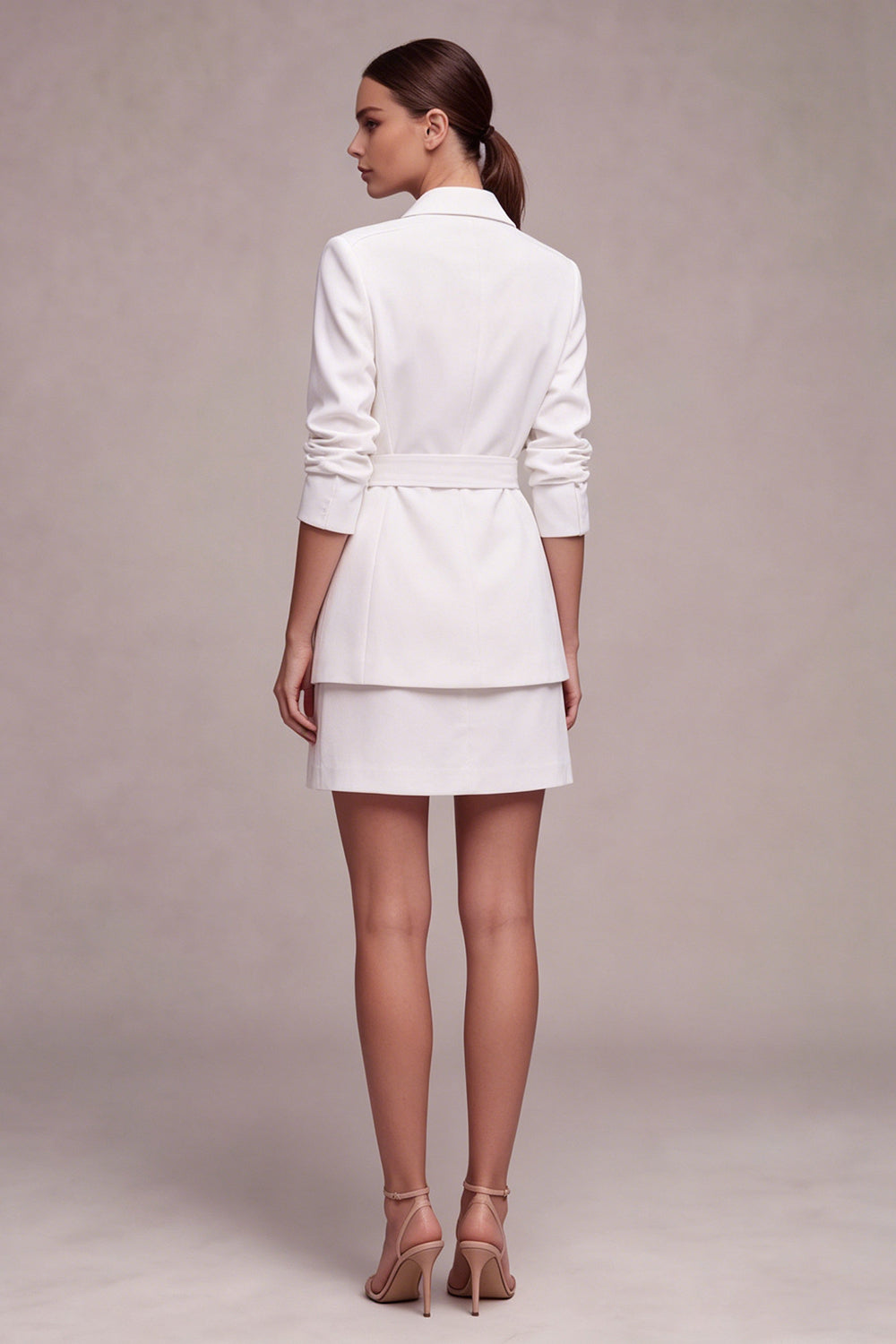 2 Piece White Notched Lapel Double Breasted Short Business Suits with Belt