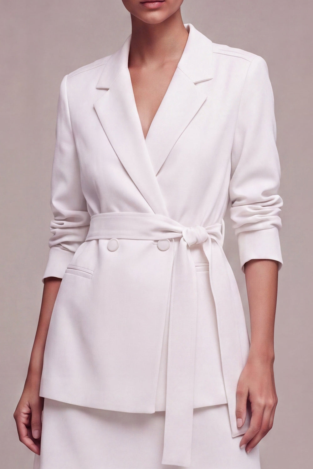 2 Piece White Notched Lapel Double Breasted Short Business Suits with Belt