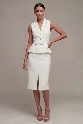 White Midi 2 Piece Notched Lapel Single Breasted Business Suits with Slit