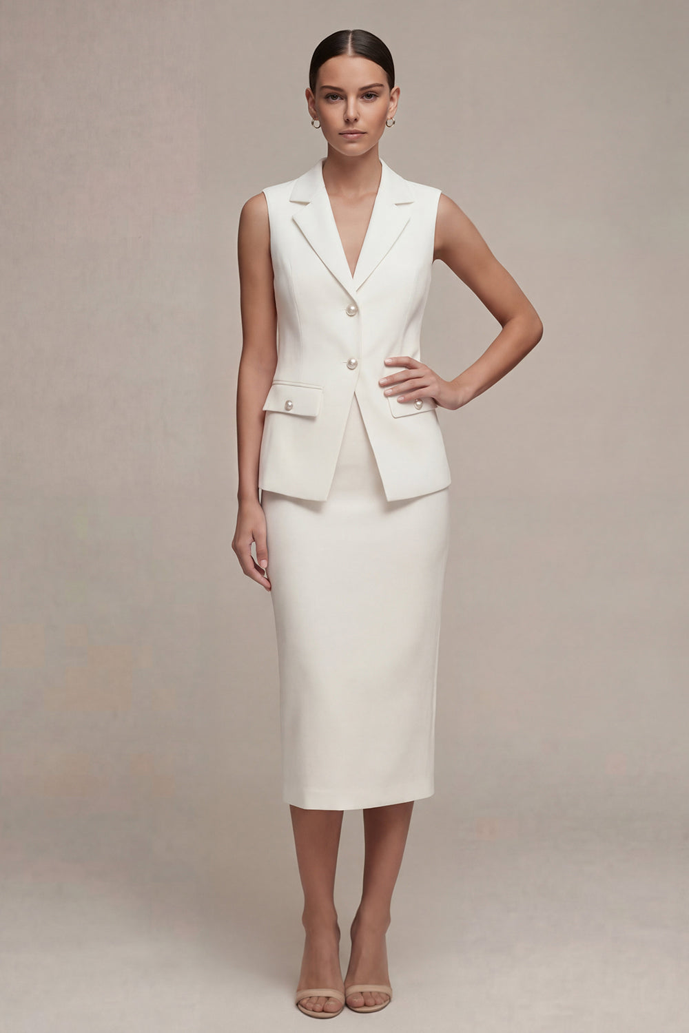 Single Breasted White Midi 2 Piece Notched Lapel Business Suits with Back Slit