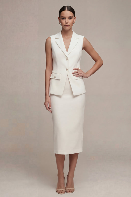 Single Breasted White Midi 2 Piece Notched Lapel Business Suits with Back Slit
