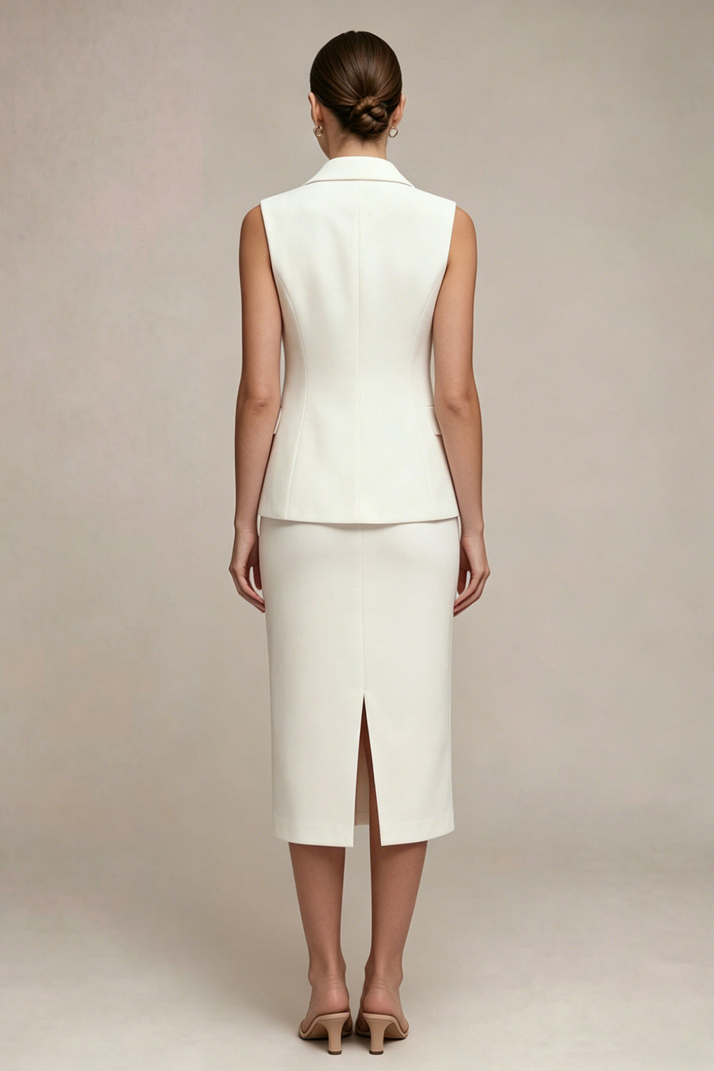 Single Breasted White Midi 2 Piece Notched Lapel Business Suits with Back Slit