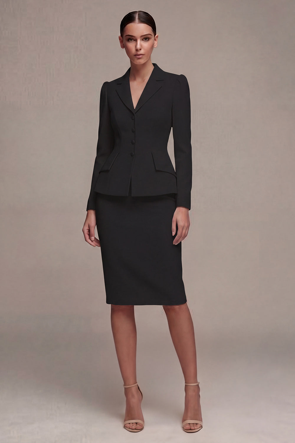 Ivory Single Breasted Long Sleeves 2 Piece Notched Lapel Midi Skirt Suits with Back Slit