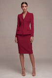 Ivory Single Breasted Long Sleeves 2 Piece Notched Lapel Midi Skirt Suits with Back Slit