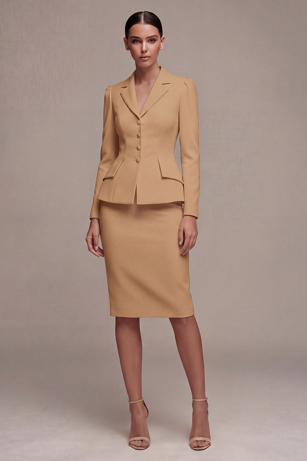 Ivory Single Breasted Long Sleeves 2 Piece Notched Lapel Midi Skirt Suits with Back Slit