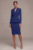 Ivory Single Breasted Long Sleeves 2 Piece Notched Lapel Midi Skirt Suits with Back Slit