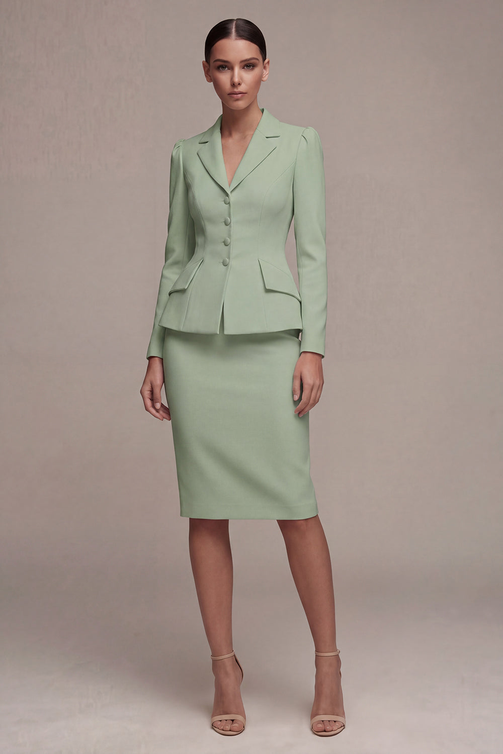 Ivory Single Breasted Long Sleeves 2 Piece Notched Lapel Midi Skirt Suits with Back Slit